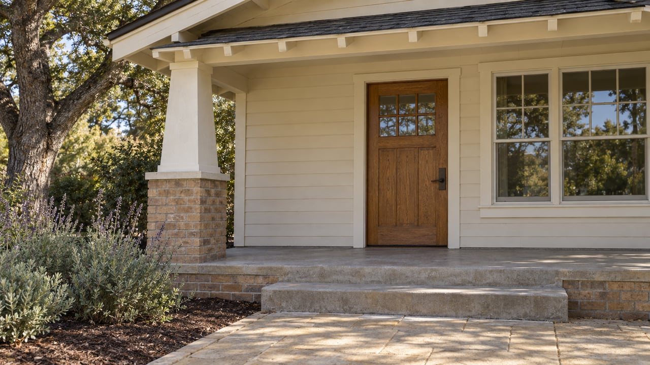 Sunlit bungalow porch with an oak entry door, tapered column on a brick base, worn concrete steps and gray-green sage beside a stone approach.