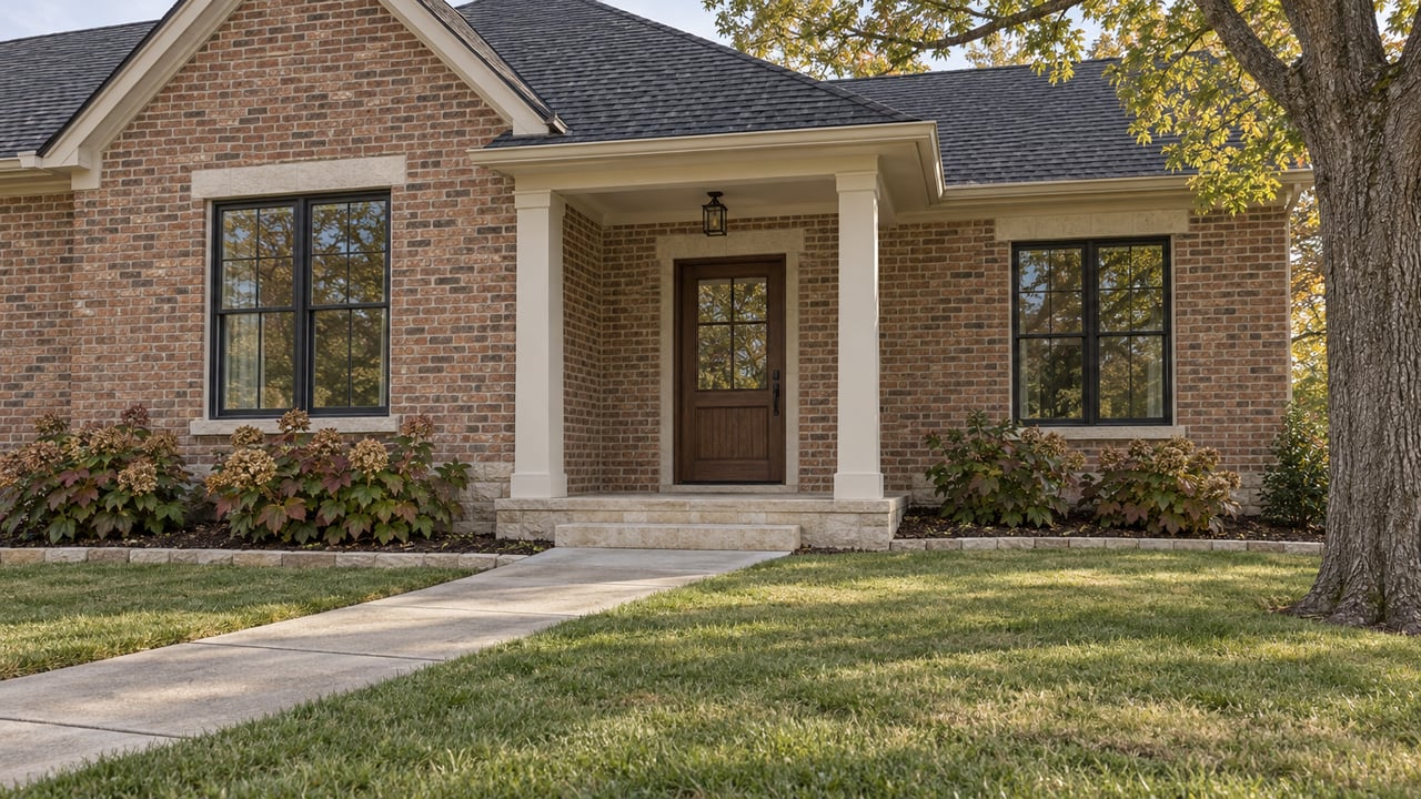 Brick home with a steep charcoal gable, limestone entry steps, oakleaf hydrangeas and a broad front lawn.