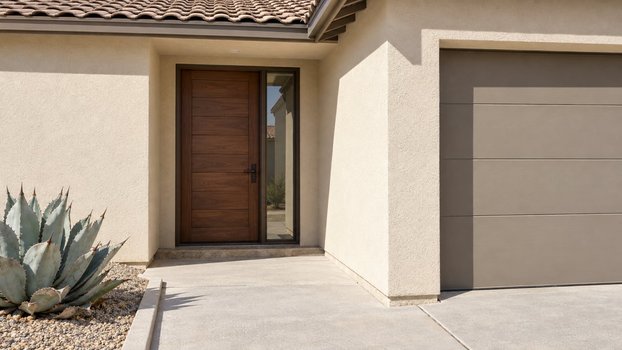 Sunlit ivory stucco entry with a timber door, brown tile roof, partial garage and blue-gray agave in a curbed gravel bed.
