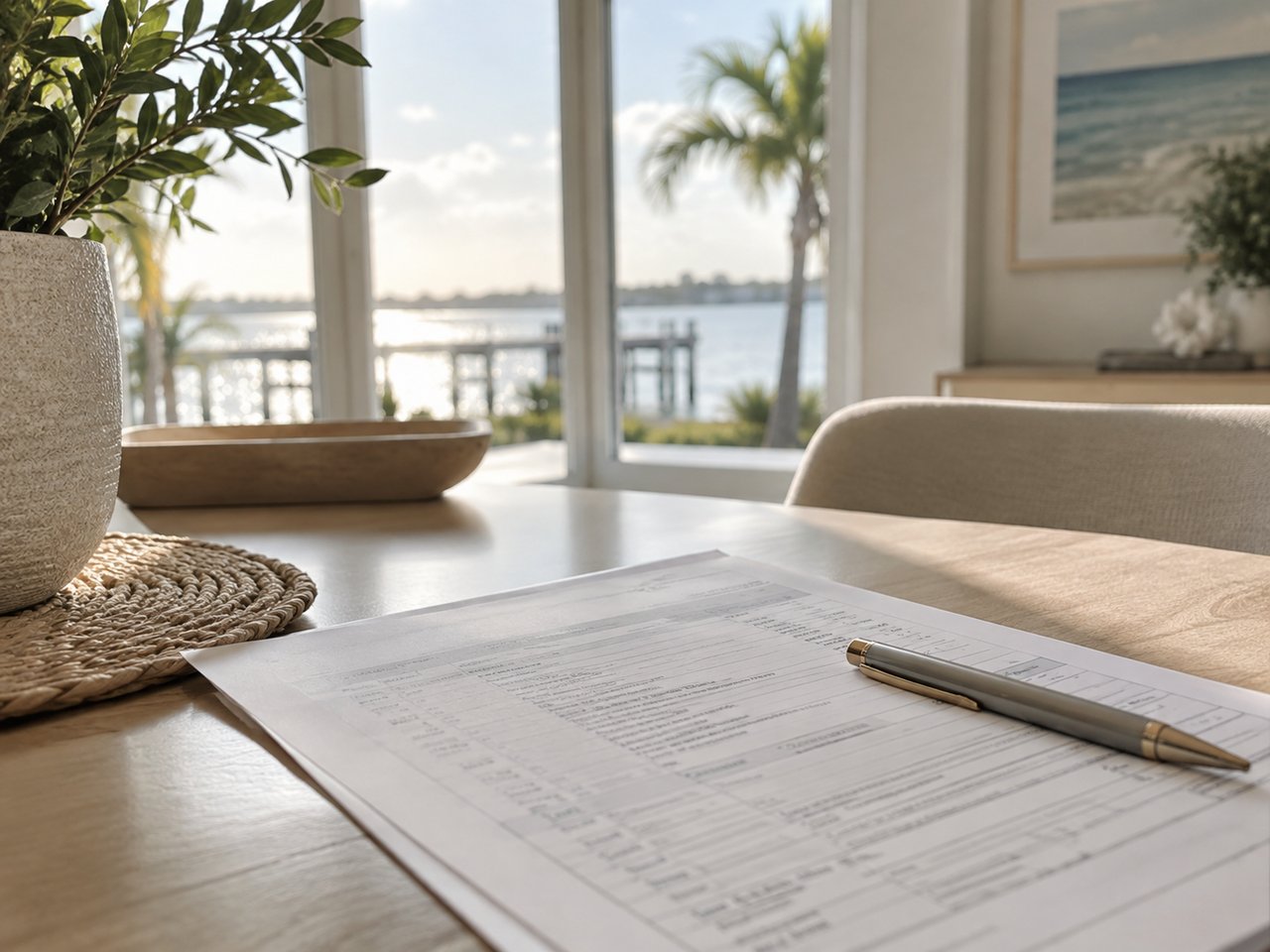 Waterfront dining area with paperwork and a pen on the table, framed by large windows.