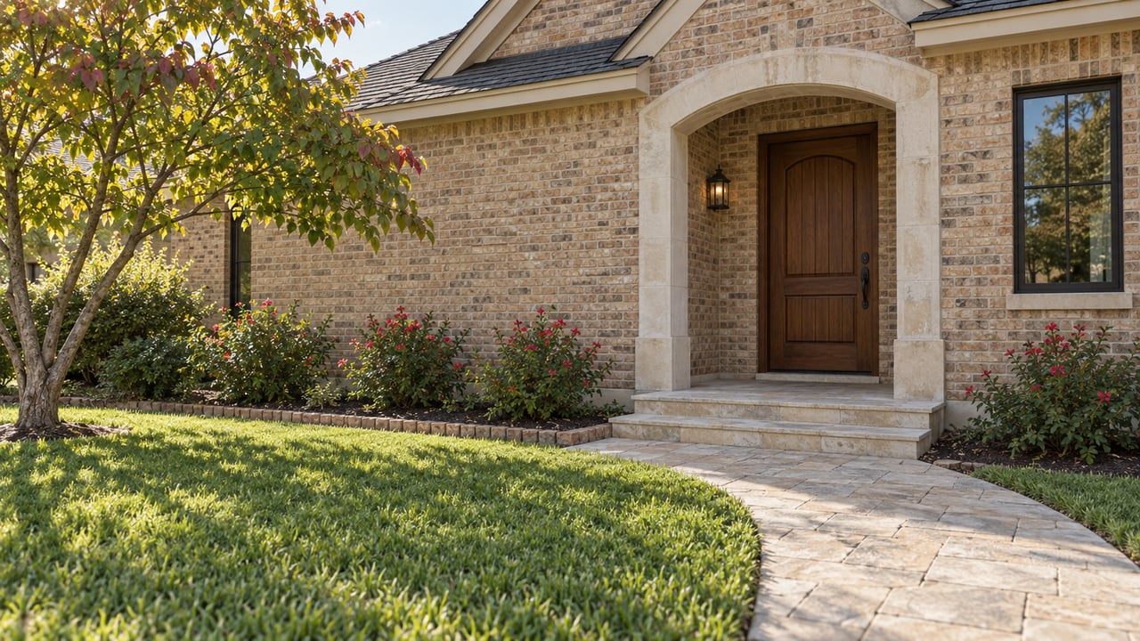 Buff-brick suburban house with an arched oak entry, curving limestone path, and autumn lawn.