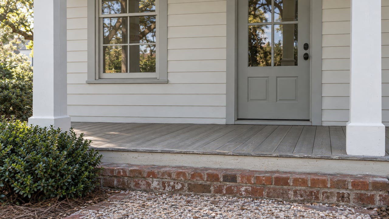 Coastal-clapboard porch with a glazed entry door, six-pane window, broad step, and compacted shell-and-brick approach.