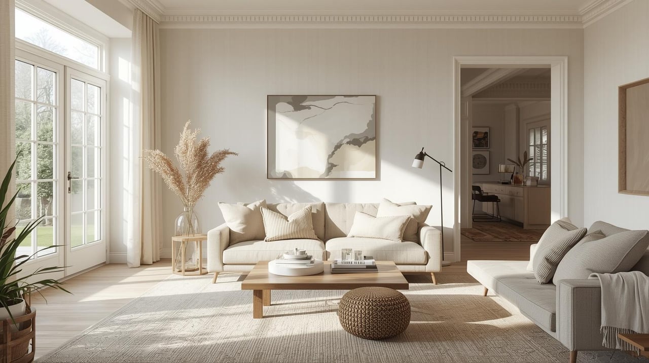 Sunlit neutral-toned living room with soft natural light, elegant seating, and an open, airy layout in a luxury New Jersey home