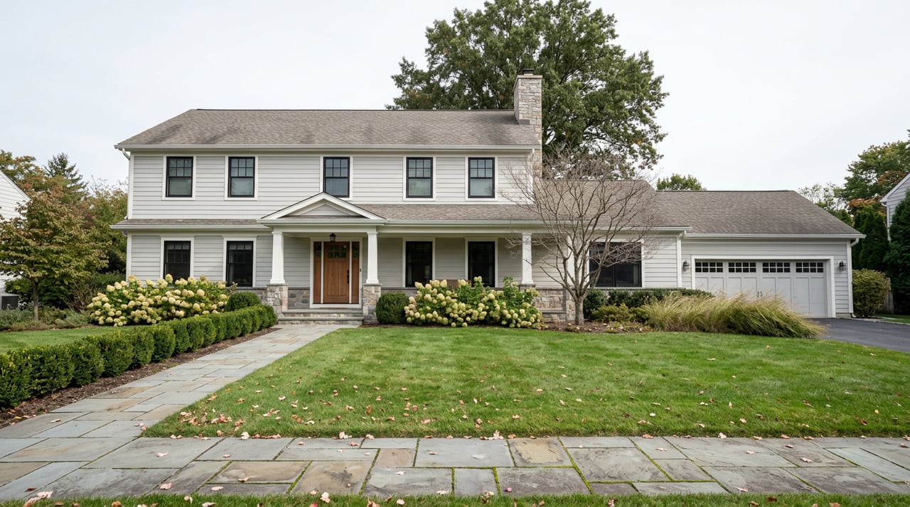 Two-story gray Colonial home with black-framed windows, stone chimney, broad lawn, and bluestone walkway.