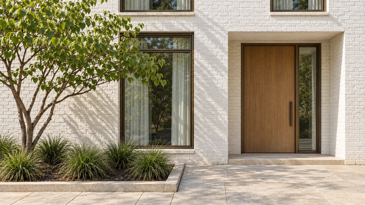 White-painted brick residential entrance with an oak door, bronze-framed windows, limestone paving and a redbud in a raised planting bed.