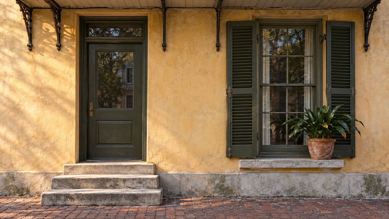 Olive-painted townhouse door and paired shutters in weathered ochre stucco above worn limestone steps and brick paving.
