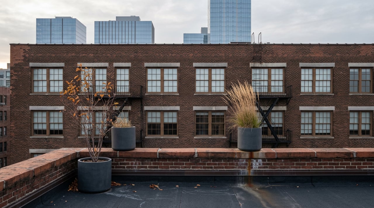 Rooftop terrace planters overlook a brick facade with iron fire escape and glass towers.