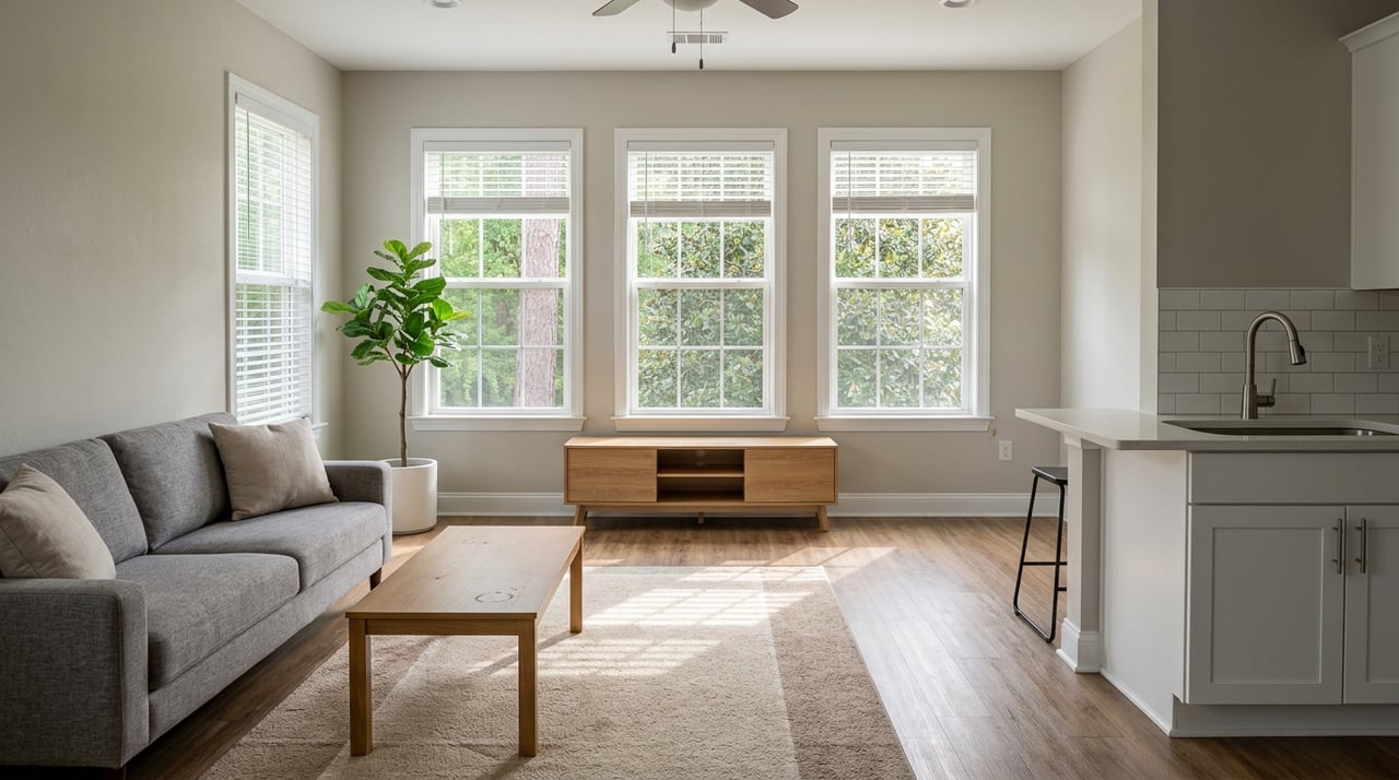 A staged great room showing its interior finishes and furnishings.