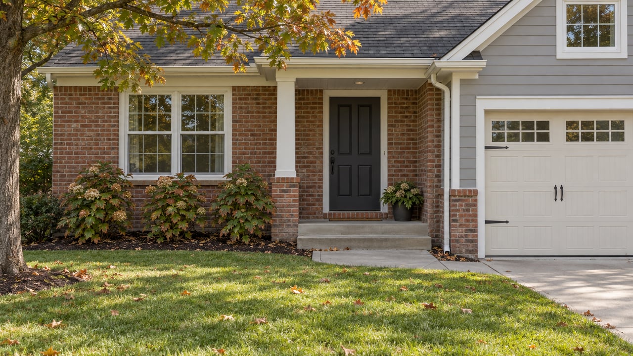 Russet-brick house entry beside a gray-sided garage, with bronze oak leaves above a green lawn.