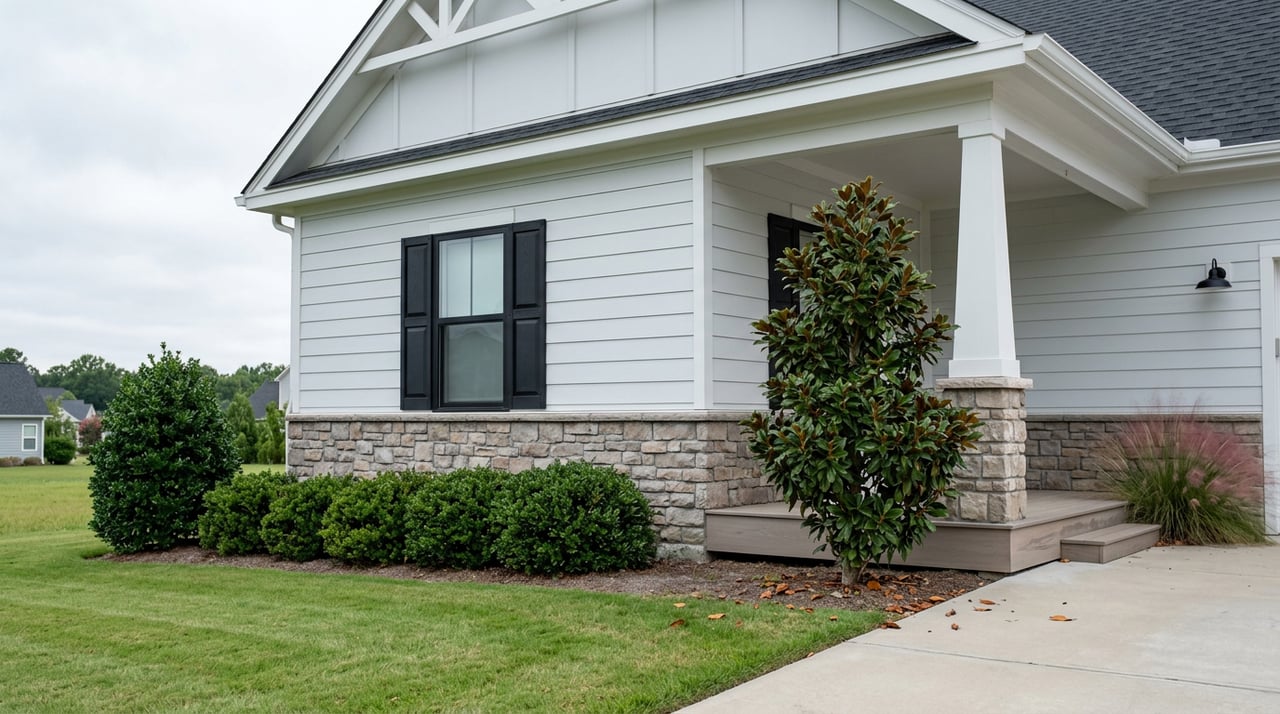 Suburban home with dove-white siding, a stone veneer base, black shutters, and a covered porch beside a green lawn.