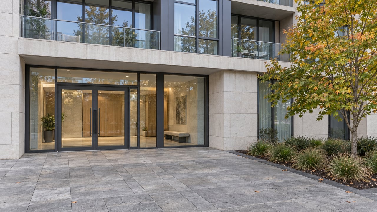 Contemporary glass condominium entrance with limestone cladding, a paved forecourt, and a maple tree beginning to turn amber.