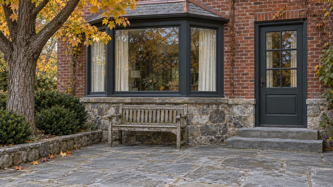 Weathered red-brick house with a glazed bay window, stone terrace, oak bench, and amber maple foliage.