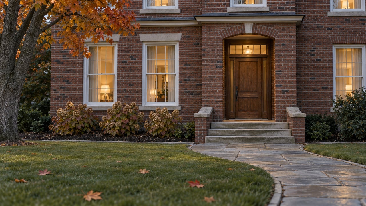 Twilight on a red-brick home's limestone approach, warm sash windows and copper-colored maple leaves.