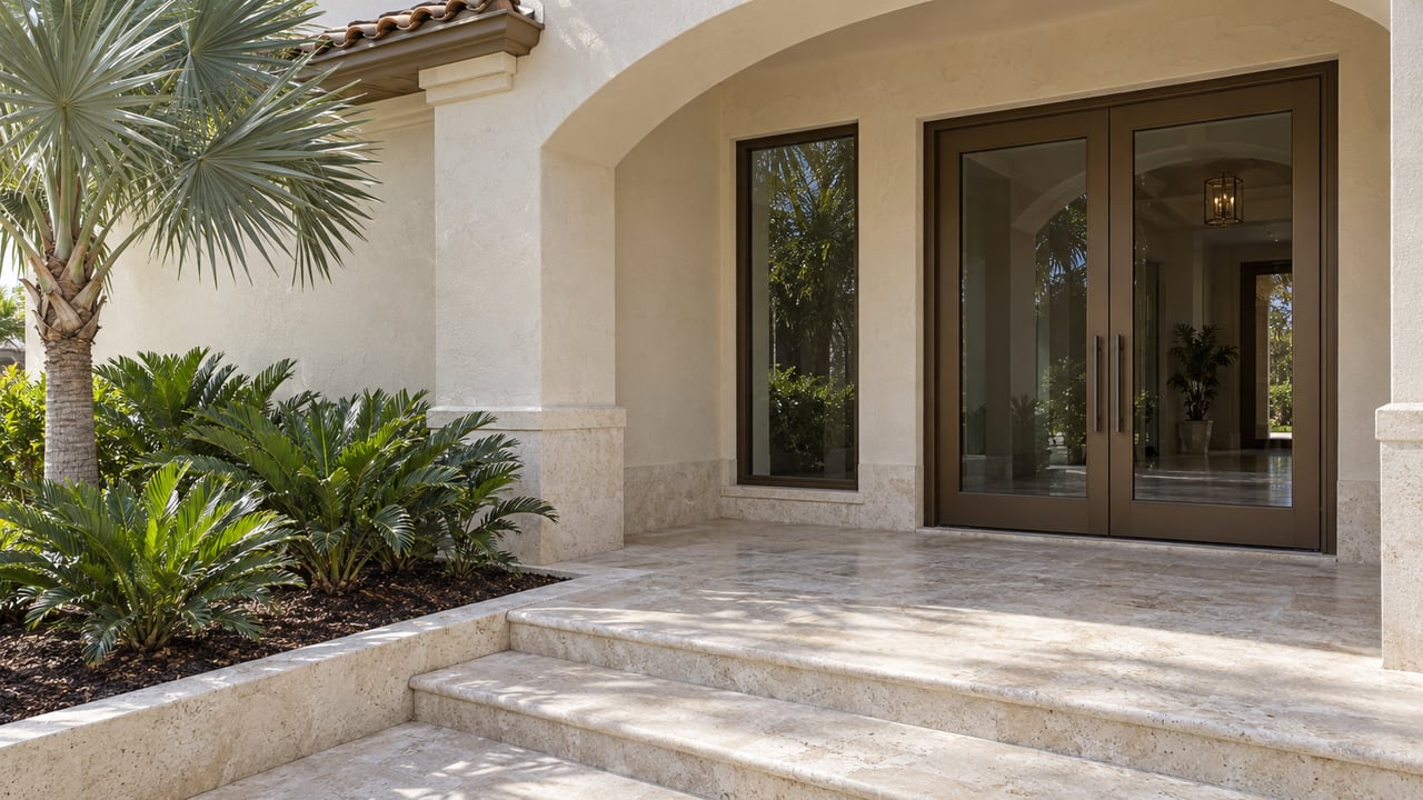 Sunlit ivory stucco entry with bronze-framed glass doors, pale limestone steps, and a silver palm beside a planted bed.