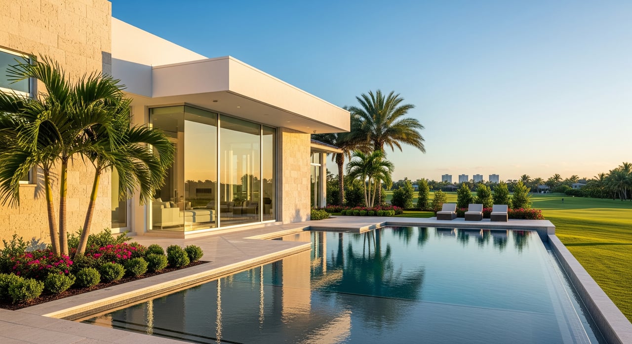 Modern glass-walled villa beside a reflecting pool, with palm trees and a manicured golf course.