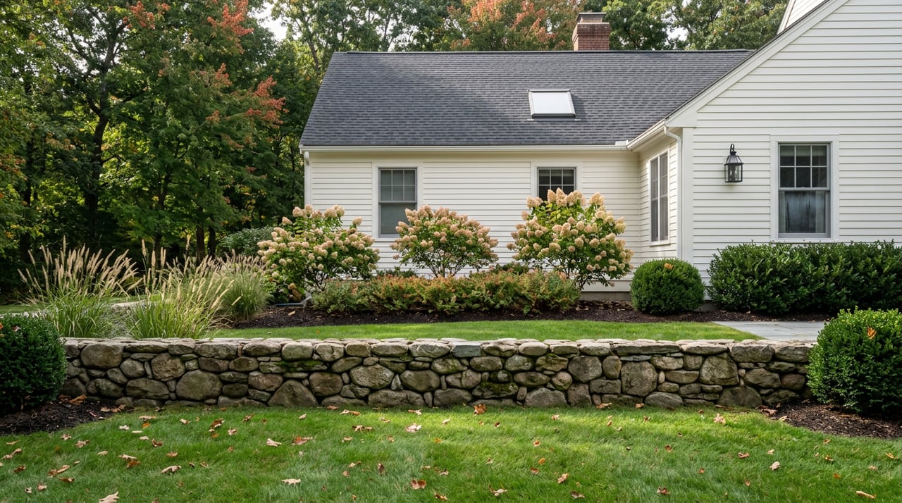 Elevated view of a white clapboard home beyond a fieldstone wall, layered garden, and leaf-strewn lawn.