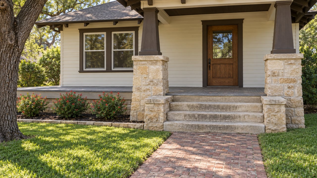 Restored bungalow porch with limestone piers and steps, an oak entry door, painted clapboards, and a brick garden approach.