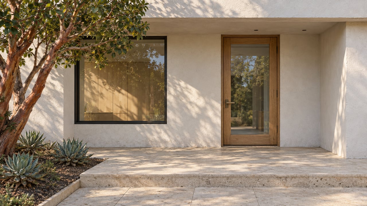 Sunlit stucco entry with a glazed oak door, pale limestone steps and a sculptural strawberry tree.