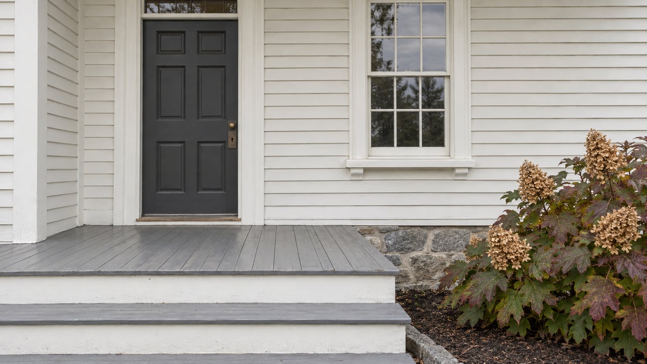 Ivory clapboard entrance with a charcoal door, white sash window, weathered gray porch steps and autumn oakleaf hydrangea.