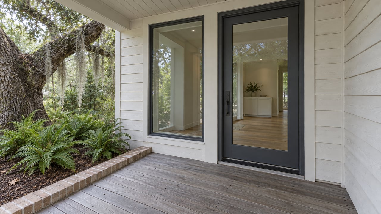 A sheltered entrance with pale timber siding, charcoal-framed glass, silvered decking, and a mature oak beside a fern bed.