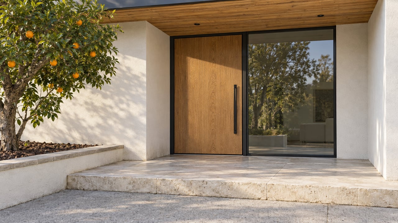 Warm sunlight on a recessed oak front door beneath a cedar overhang, beside a black-framed window and a citrus tree in a raised stone-capped planter.