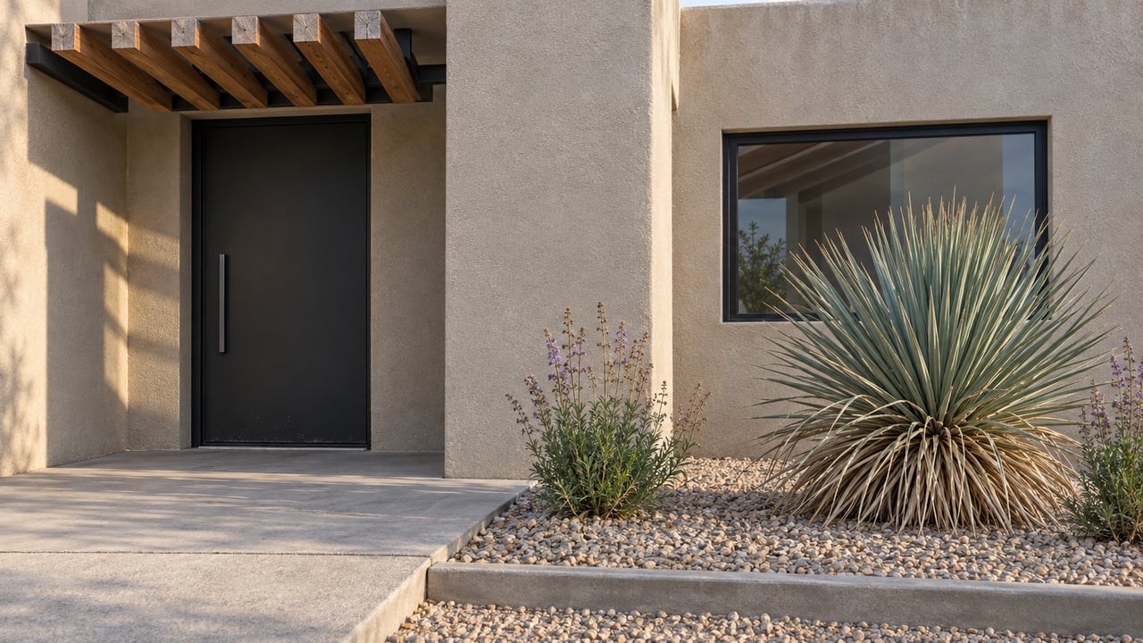 Close view of a stucco home's black entry door beneath a cedar canopy, with a concrete landing and yucca in a gravel bed.
