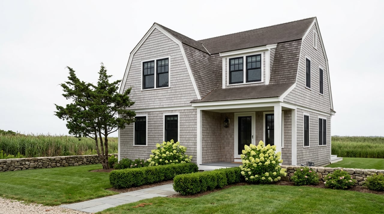 Coastal shingle house with gambrel roof, juniper, stone path, and marsh grass beyond a wall.