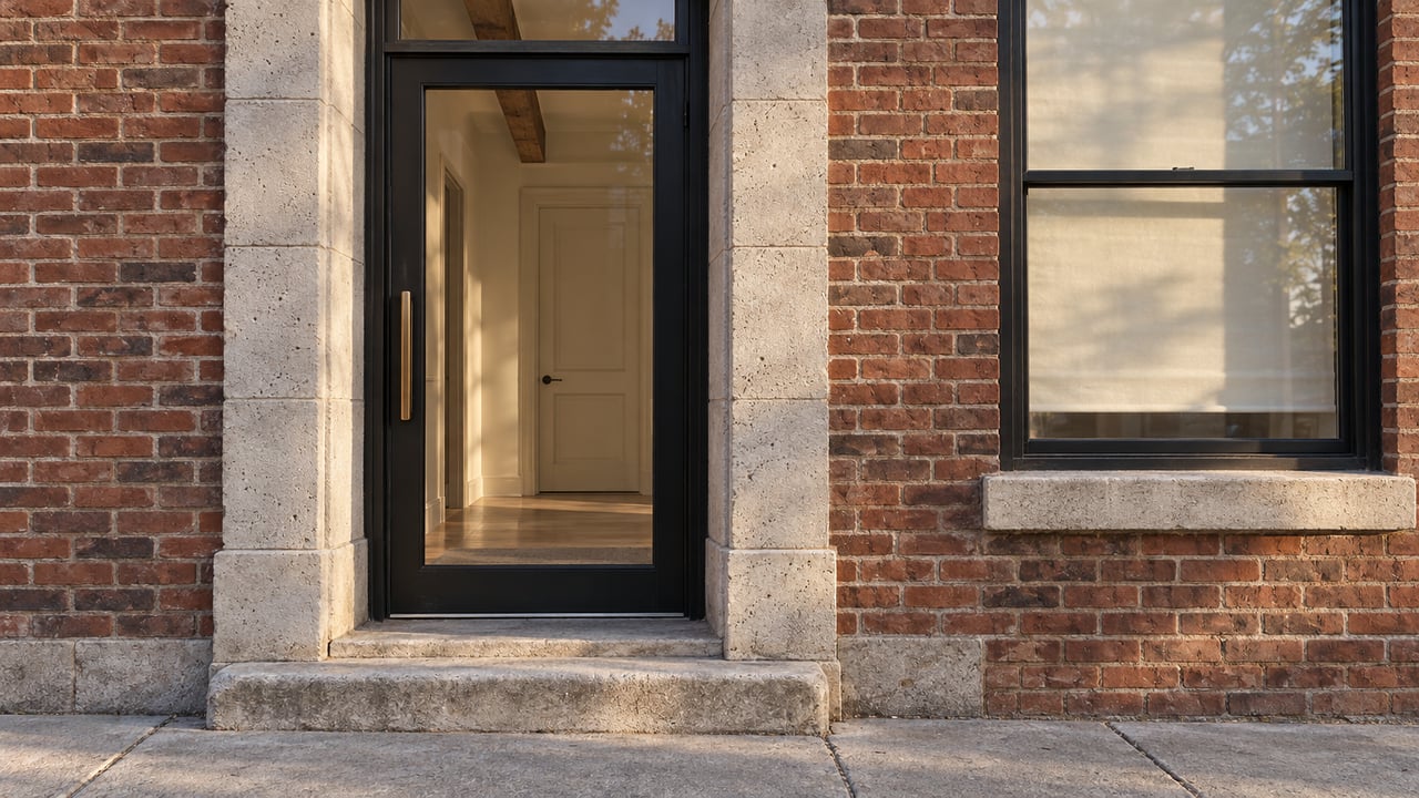 Morning light falls across a brick residential entrance with limestone surrounds, a black-framed glass door and a worn stone step.