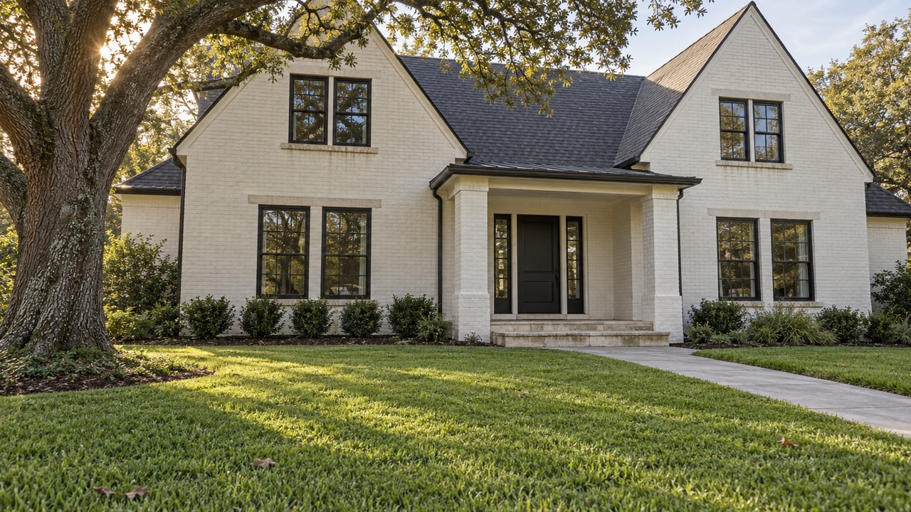 Light-painted brick home with dark gabled roofs, a recessed entry, broad lawn and a mature spreading oak in afternoon light.