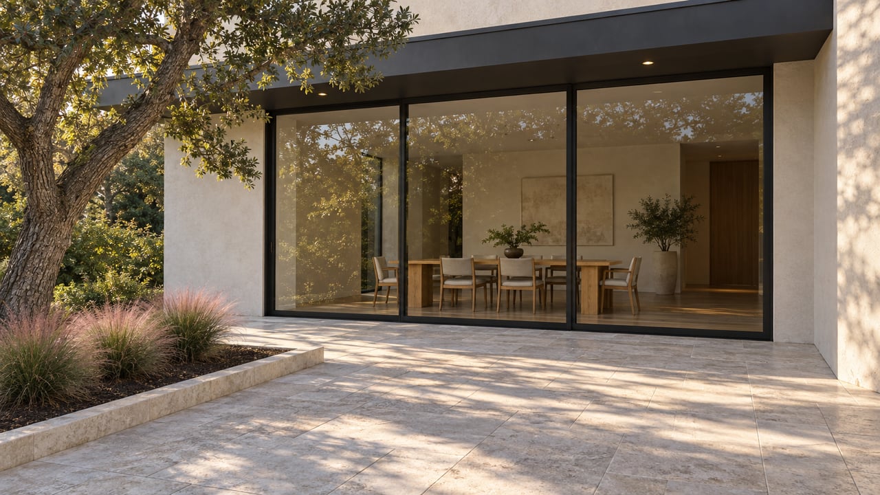 Contemporary home’s limestone side terrace, with black-framed glass dining room and a mature live oak.