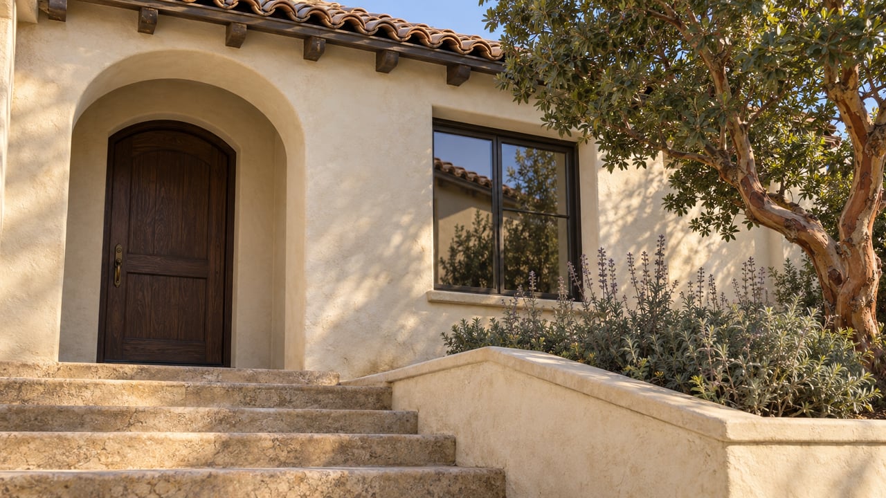Ivory stucco hillside home with a recessed arched oak doorway, worn limestone steps, clay roof tiles and a sculptural strawberry tree.