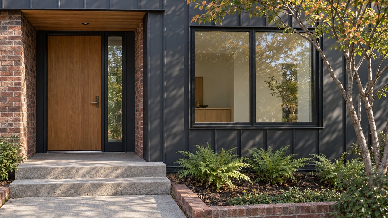 Contemporary charcoal-clad home entrance with a warm oak door, red-brown brick, concrete steps, and a serviceberry tree beside a broad window.