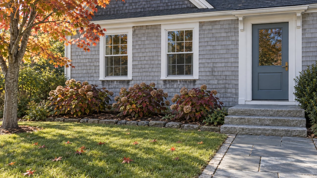Autumn maple beside a silver-gray shingled home with white sash windows, granite entry steps and a bluestone garden path.