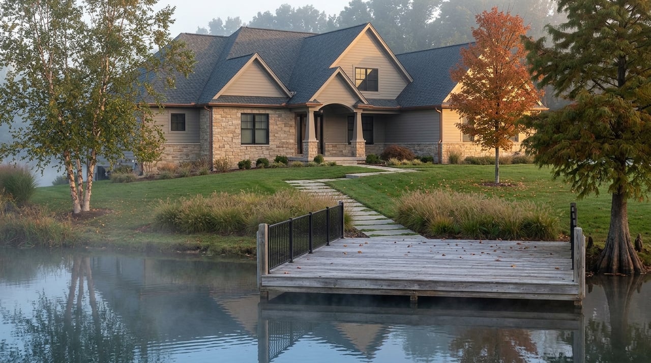 Two-story stone-and-greige home beyond a misty lake and dock, with a red-orange maple rising over the lawn.