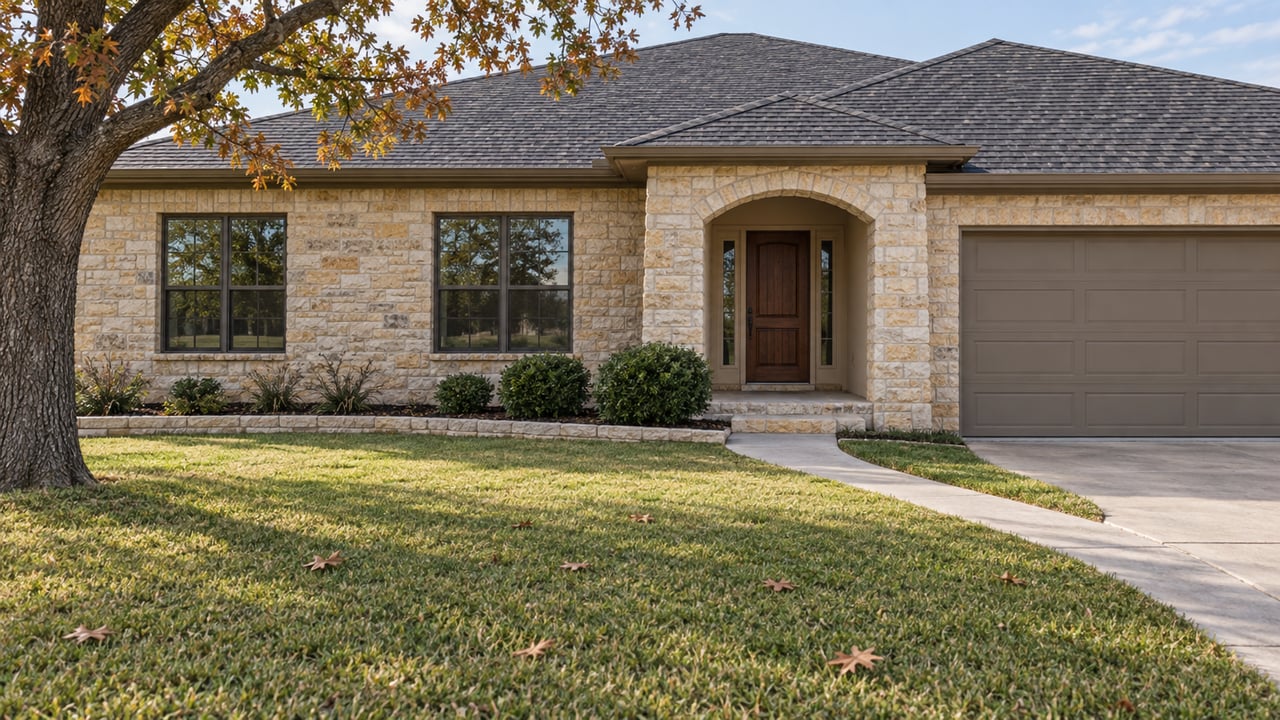 Warm limestone and beige stucco home with an arched entry, a broad front lawn and an oak beginning to turn russet.