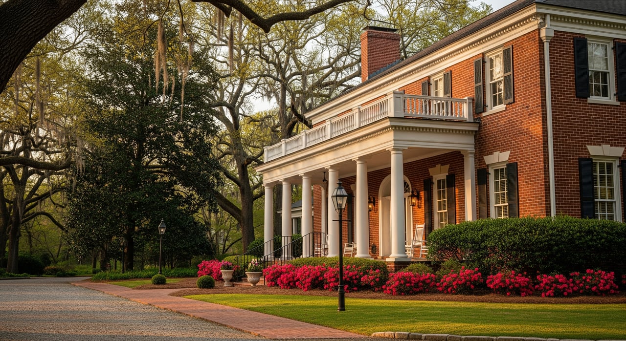 Red-brick Southern mansion with white columns, a broad porch, and bright flower beds beneath sprawling trees.