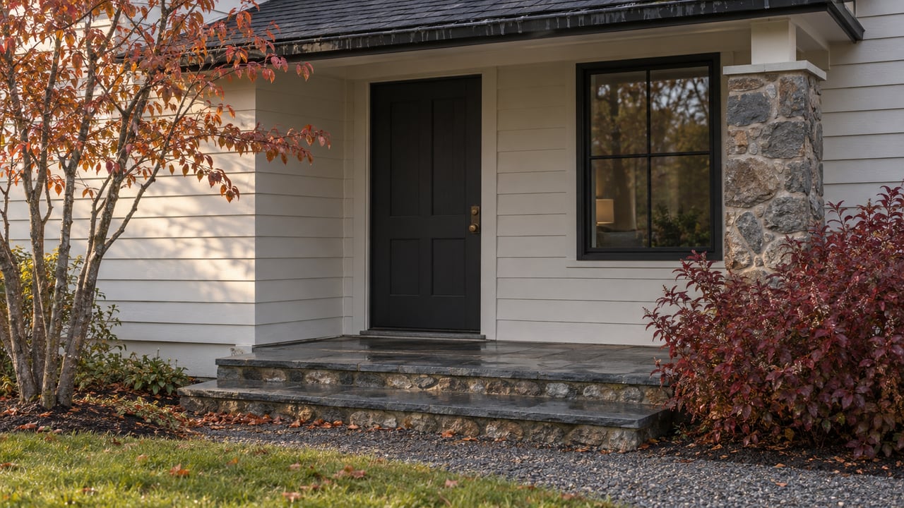 Off-white house entry with charcoal door, fieldstone pier, wet bluestone steps, and sparse copper-red leaves.