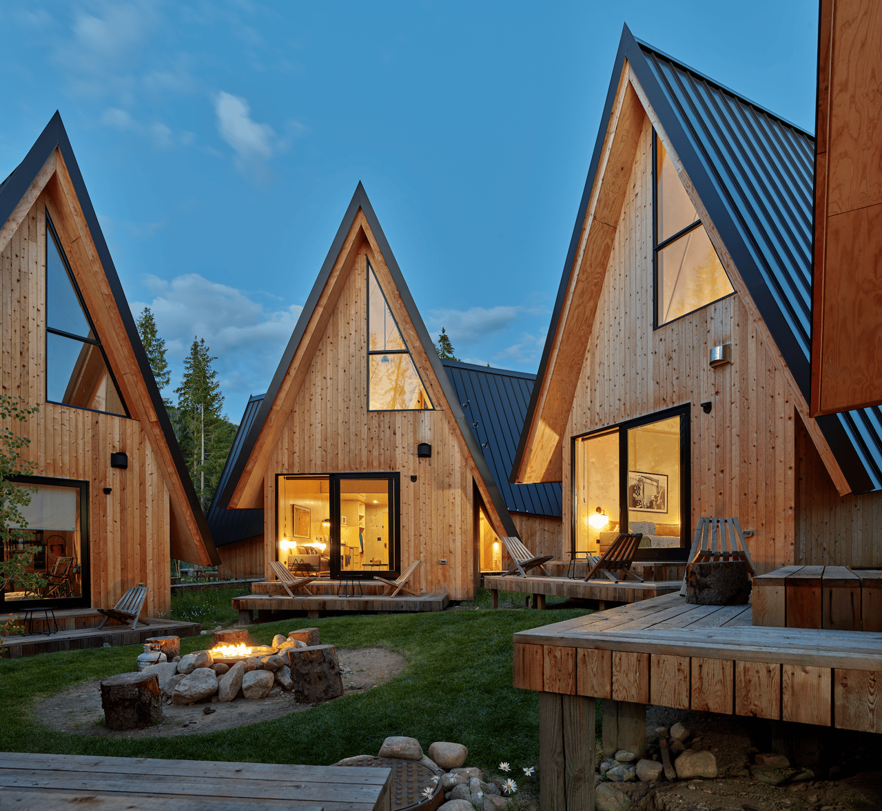 Exterior of a freestanding A-frame cabin at A-Frame Club in Winter Park, Colorado