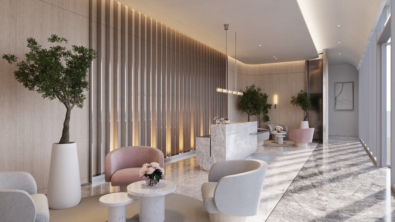 Rendering of residential lobby reception at La Baia South in Bay Harbor Islands.