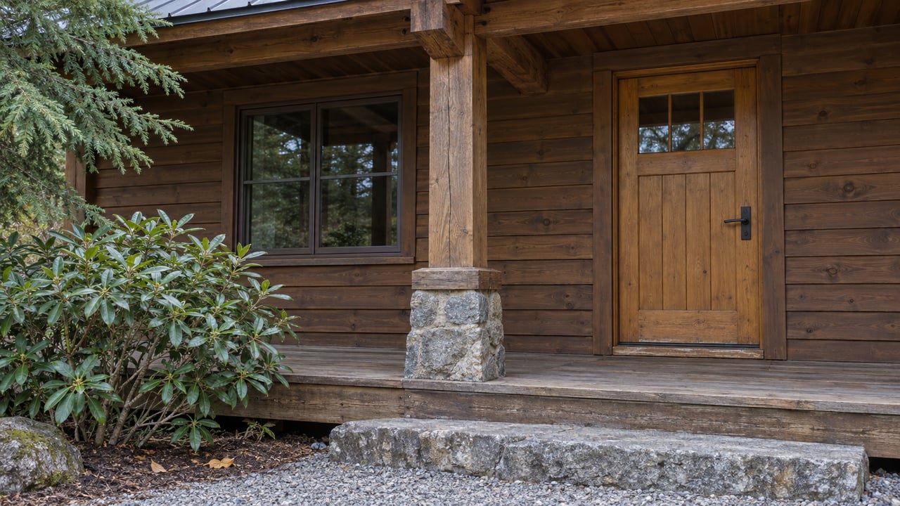 Timber cabin entry with a glazed wood door, stone-supported porch post and rhododendron beside a broad stone step.