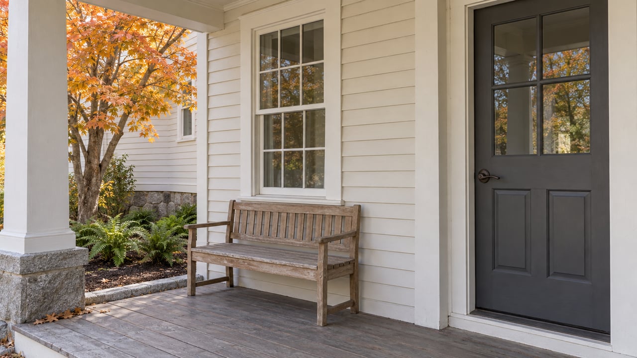 A covered porch with off-white clapboard, a charcoal glazed door, weathered wood decking and an autumn sugar maple beside the house.