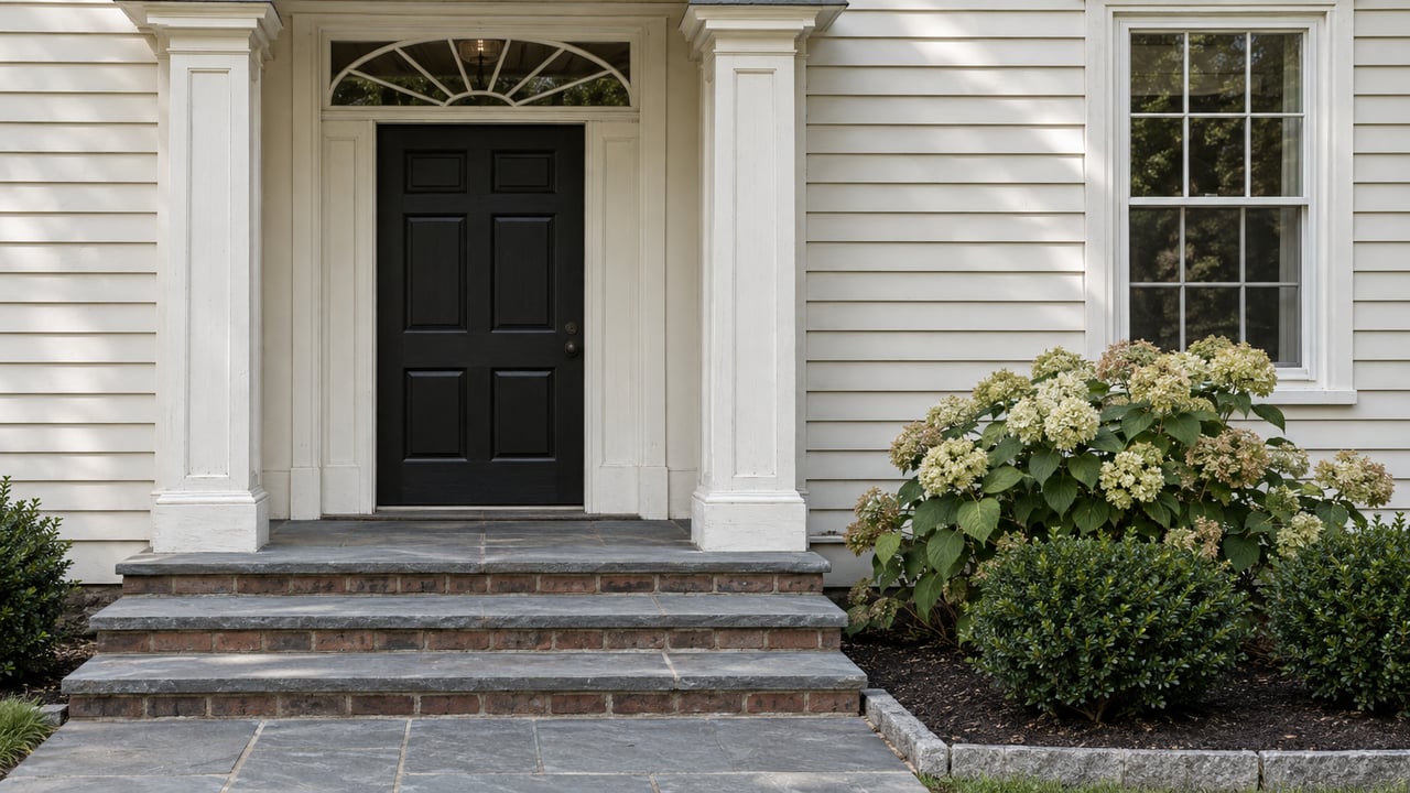 Black front door with a glass fanlight, white clapboard, broad bluestone steps, and pale hydrangeas.