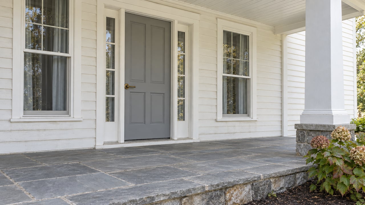 Home entrance with a gray paneled door, white siding, and a broad stone-paved porch.