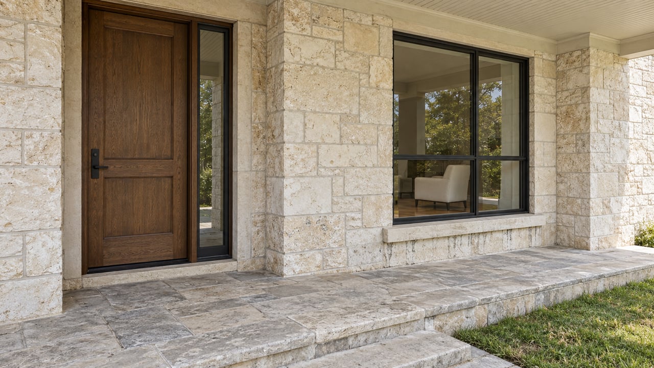 Covered limestone entry with an oak door, black-framed window, and worn flagstone steps beside a small lawn.