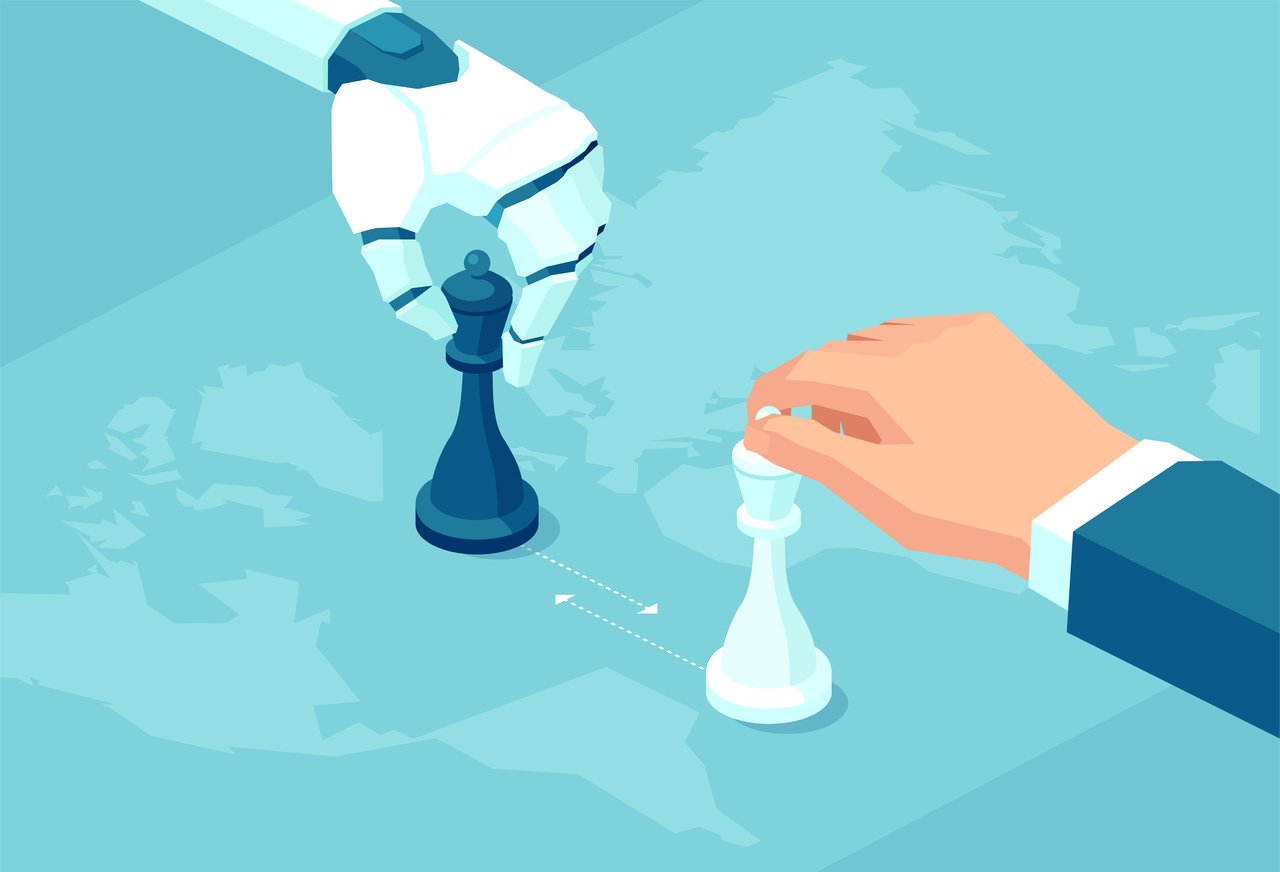 A robotic hand and a human hand move chess pieces across a board.