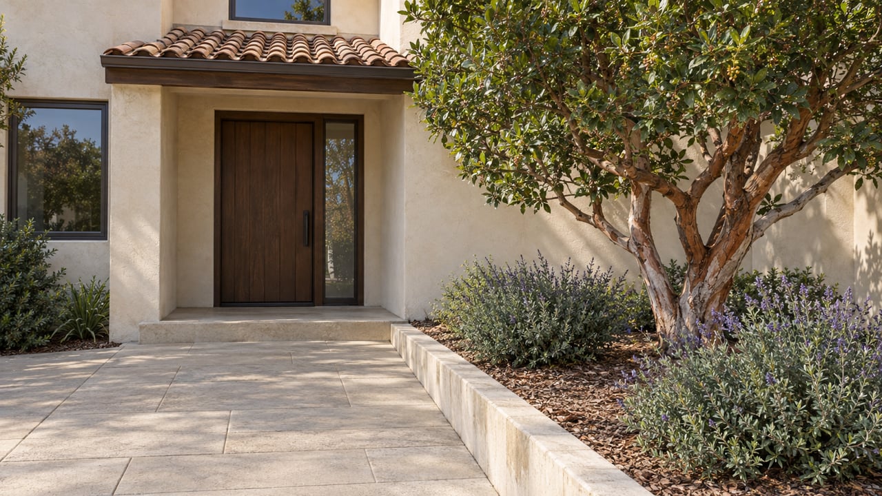 Cream stucco home entrance with clay roof tiles, a bronze-framed window, worn concrete paving and a strawberry tree in a raised planting bed.