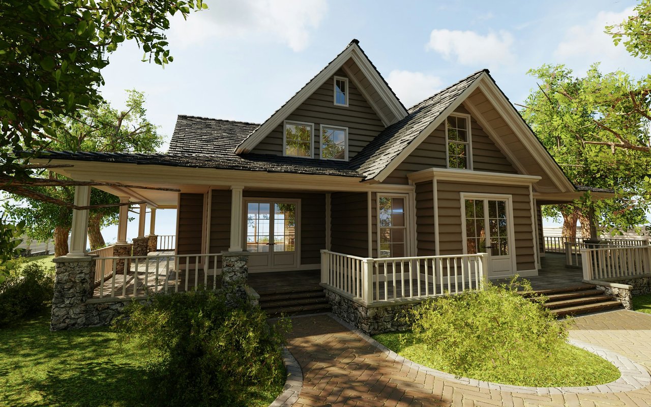 Brown gabled house with a wraparound porch, white railings, and stone porch bases.