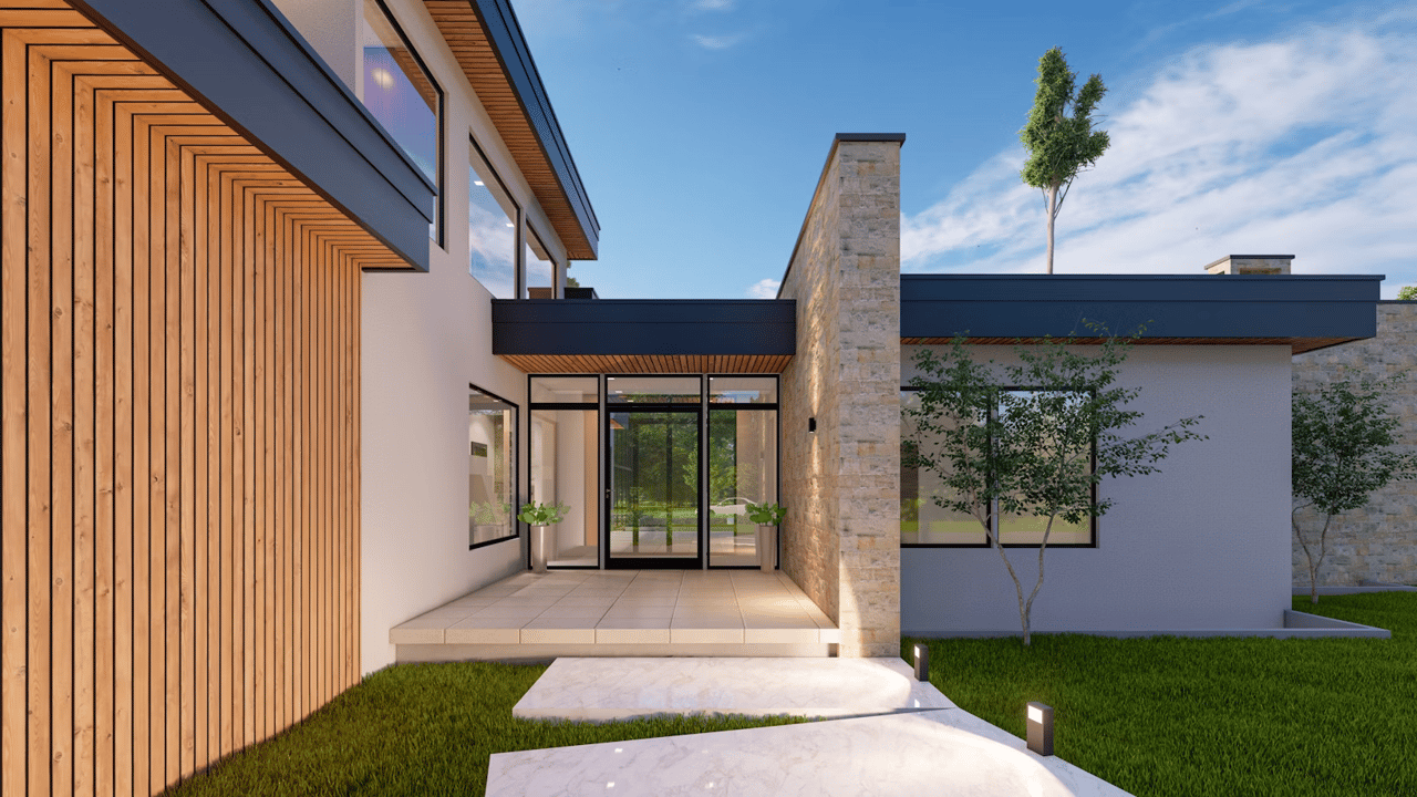 Modern luxury home exterior featuring contemporary architecture, natural materials, and biophilic design elements. Image used to illustrate wellness-focused, sustainable living concepts discussed by Amy Ali of Agency West