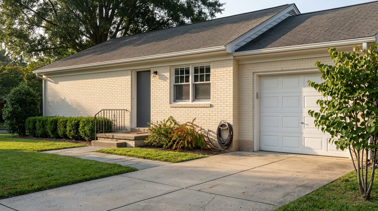 Buff-cream brick home beside a concrete driveway, with a white garage door and mature oak canopy.
