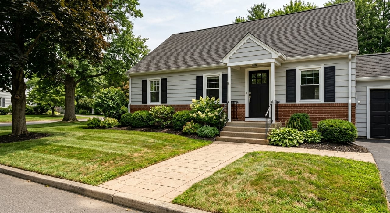 Gray-sided suburban house with red brick base, black shutters, and paver walk leading to a railed entry stoop.